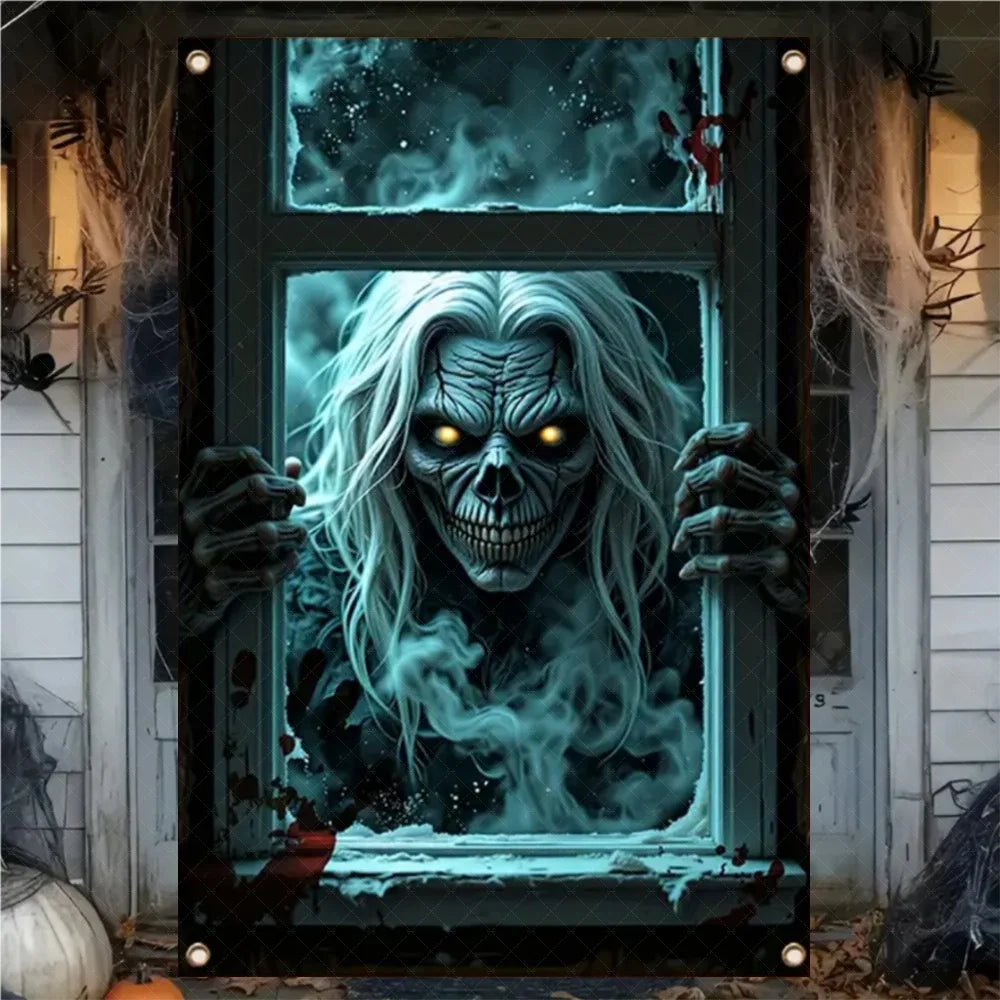 A spooky Halloween window banner featuring a pale skull face emerging from fog in a dark window frame.