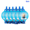 A set of six blue plastic baby boss themed party decorations and disposable tableware with blue toppers.
