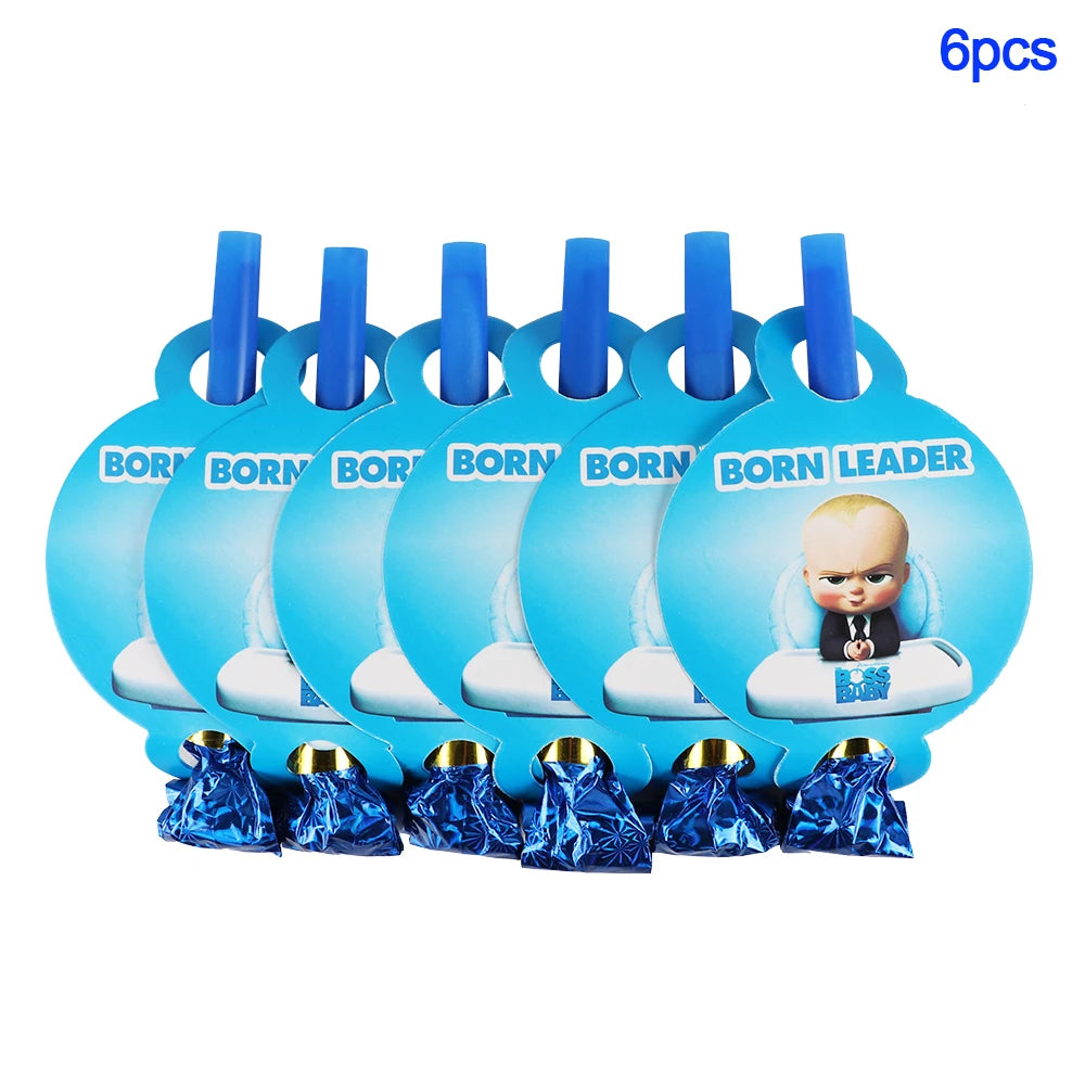 A set of six blue plastic baby boss themed party decorations and disposable tableware with blue toppers.