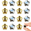 A set of fifteen gold star fridge magnets with silver accents.