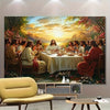 A tapestry depicting The Last Supper with a sunset lake view and surrounding trees.