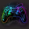 A dark gaming controller glowing with neon blue and purple light against a dark background.
