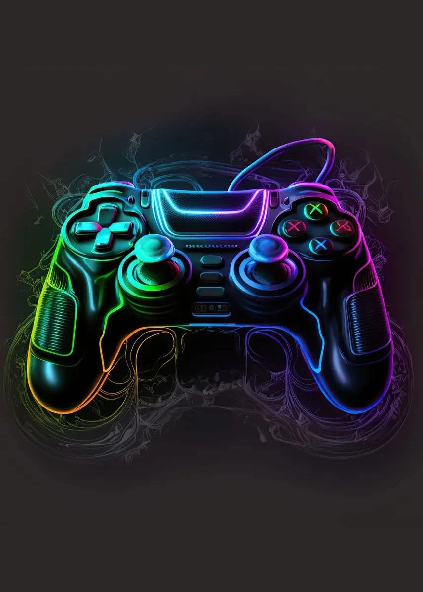 A dark gaming controller glowing with neon blue and purple light against a dark background.
