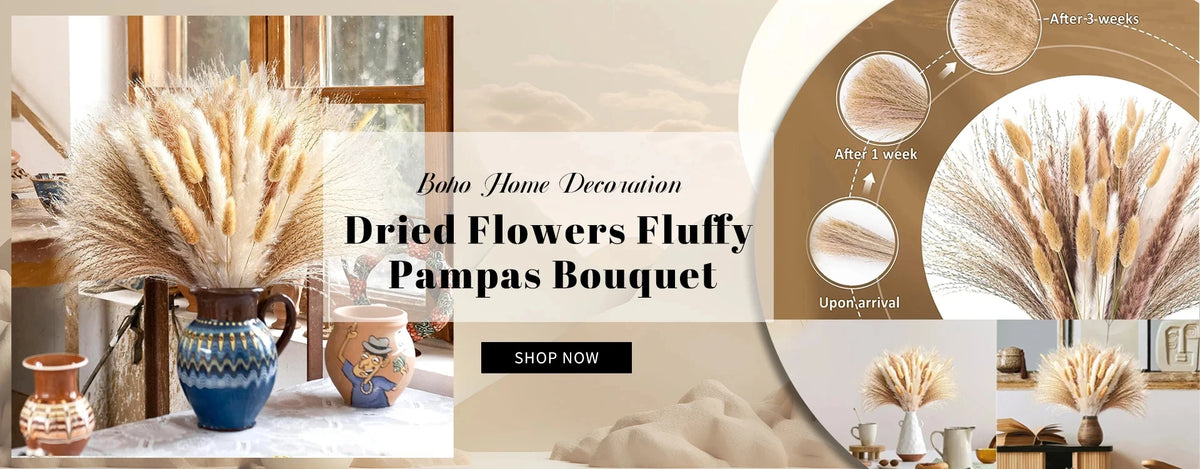 A bouquet of fluffy dried pampas grass flowers in natural beige and brown tones.