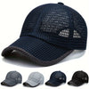 A dark blue breathable mesh baseball cap shown in various angles.
