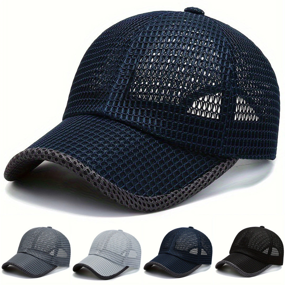 A dark blue breathable mesh baseball cap shown in various angles.