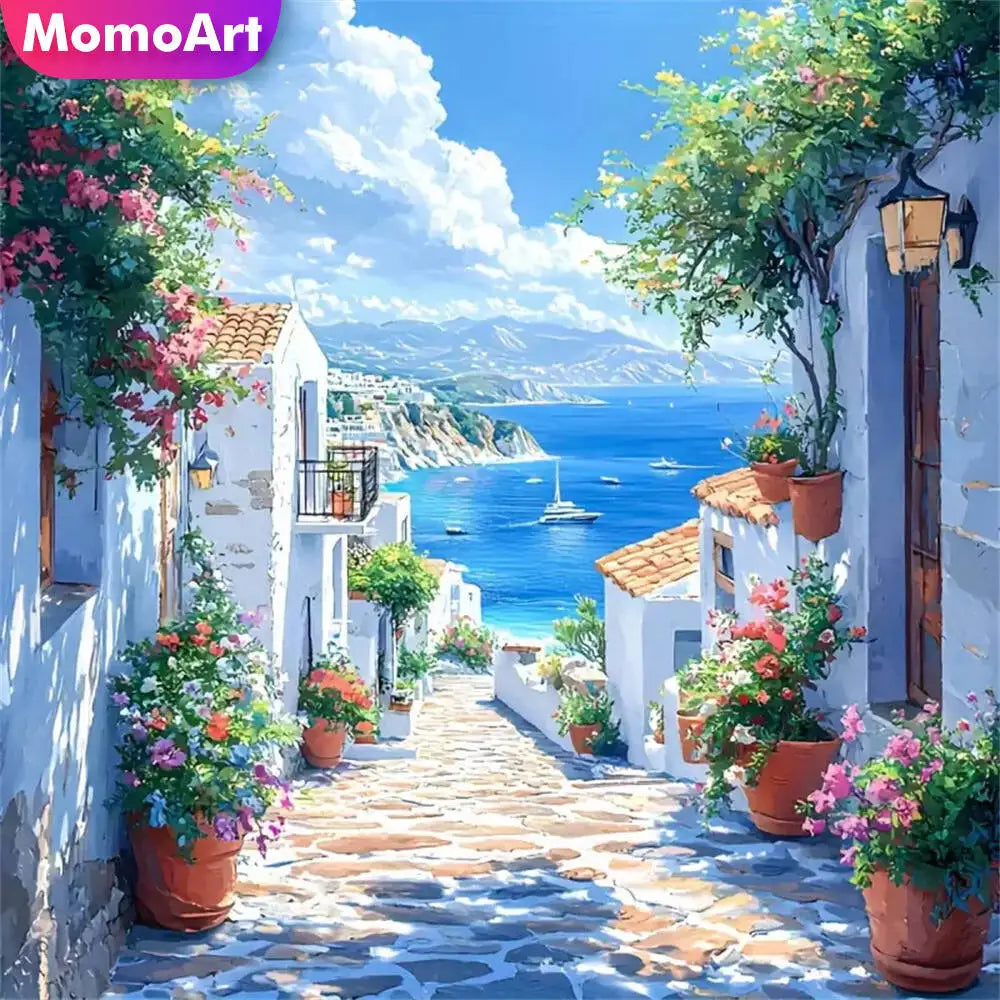 A vibrant painting kit featuring a picturesque Mediterranean street scene with white buildings and lush greenery.