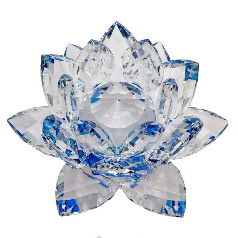 A clear crystal lotus flower ornament with blue accents, shaped like a blooming flower.