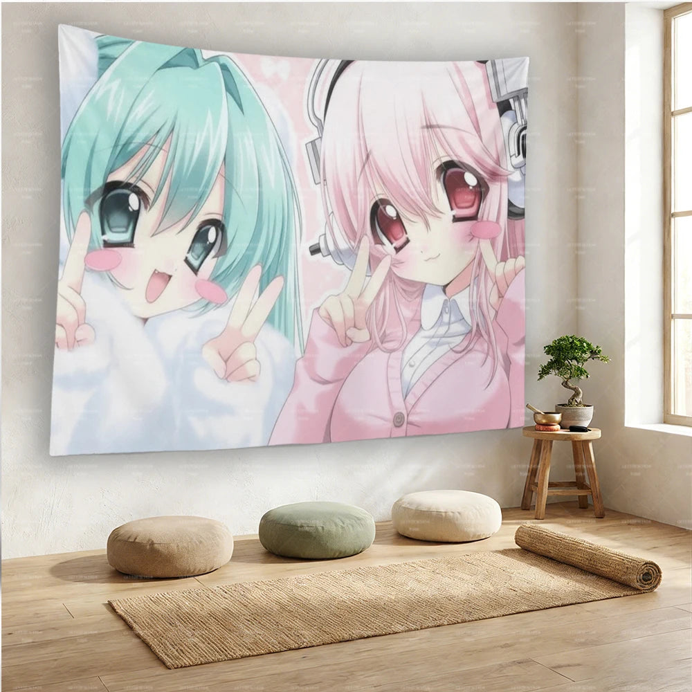 A pink and teal anime girl tapestry featuring cute facial expressions and long hair hanging on a white wall.