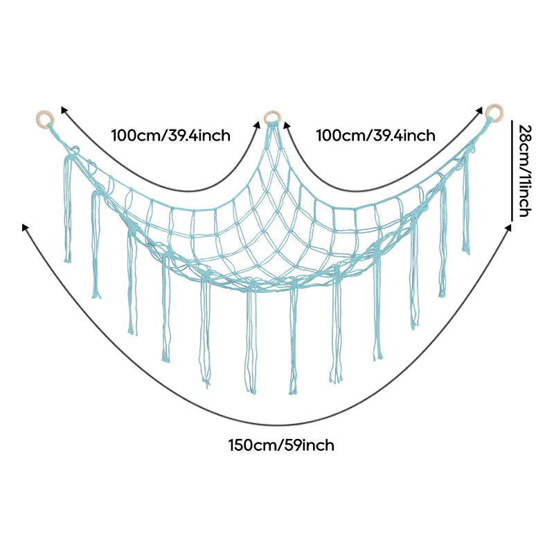 A light blue cotton corner toy hammock for stuffed animals and plushies, featuring a curved design with hanging strands.