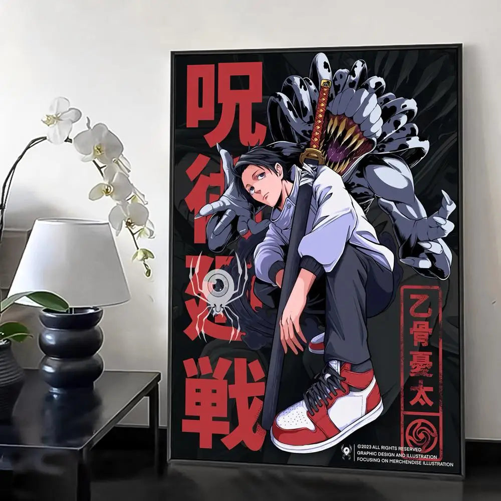 A vertical canvas print featuring a dark, stylized illustration of a character with calligraphy elements and a sword.