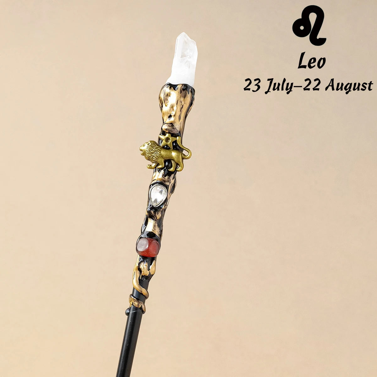 A natural clear quartz zodiac crystal wand for meditation and healing, featuring a gold-toned design.