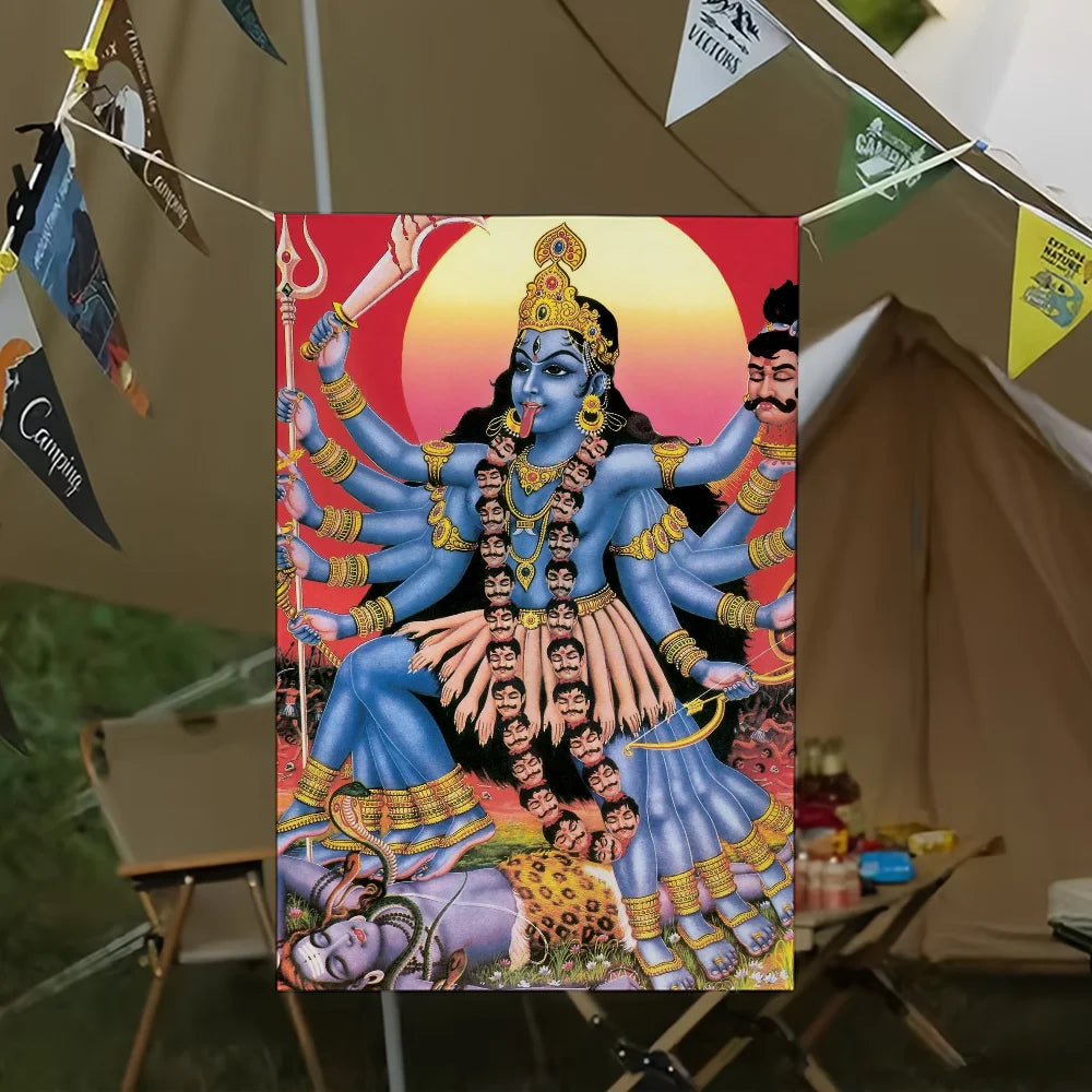 Vibrant wall art flag featuring a depiction of Maa Kali with blue skin and multiple arms against an orange sunset background.
