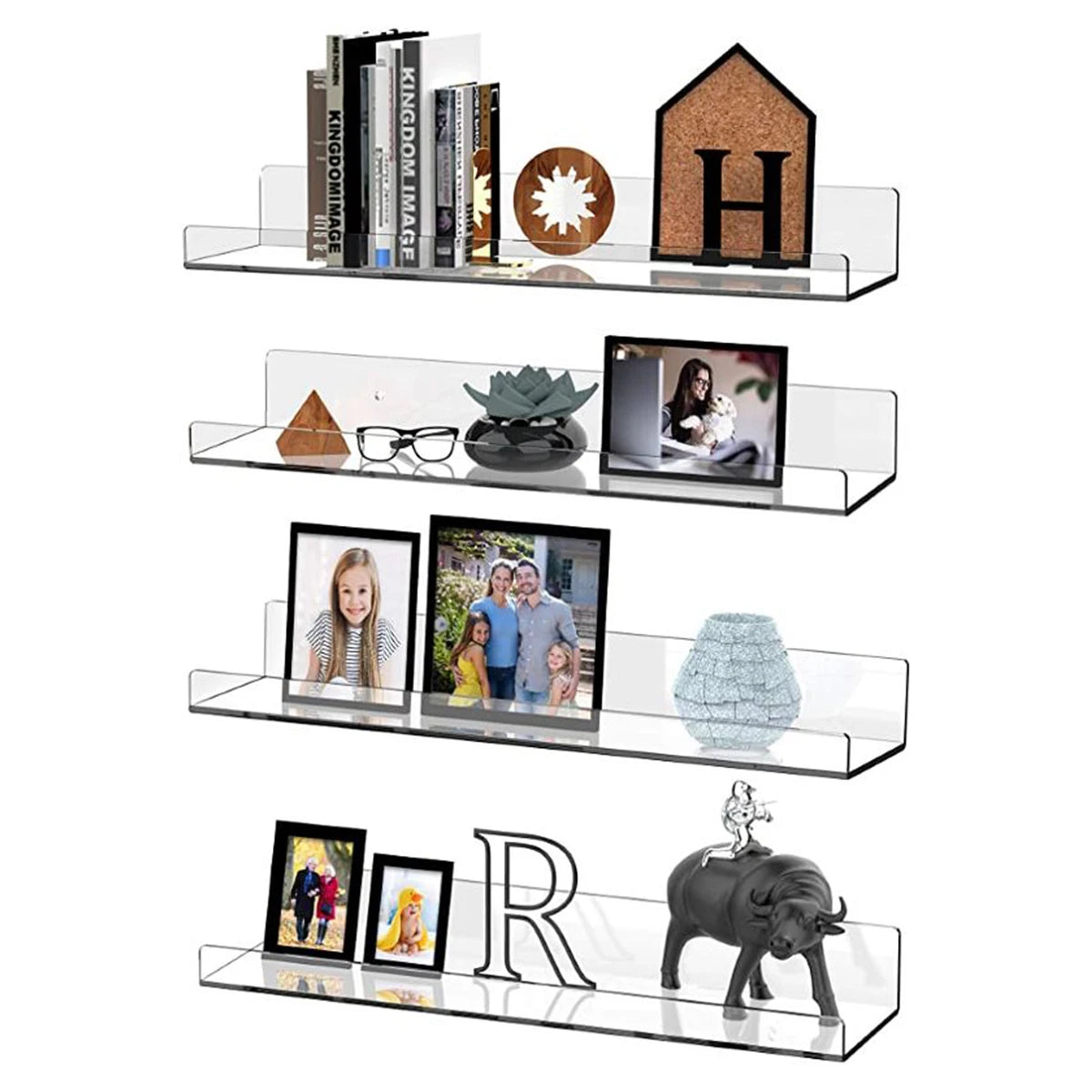 A clear acrylic floating storage rack set displaying various decorative and functional items.