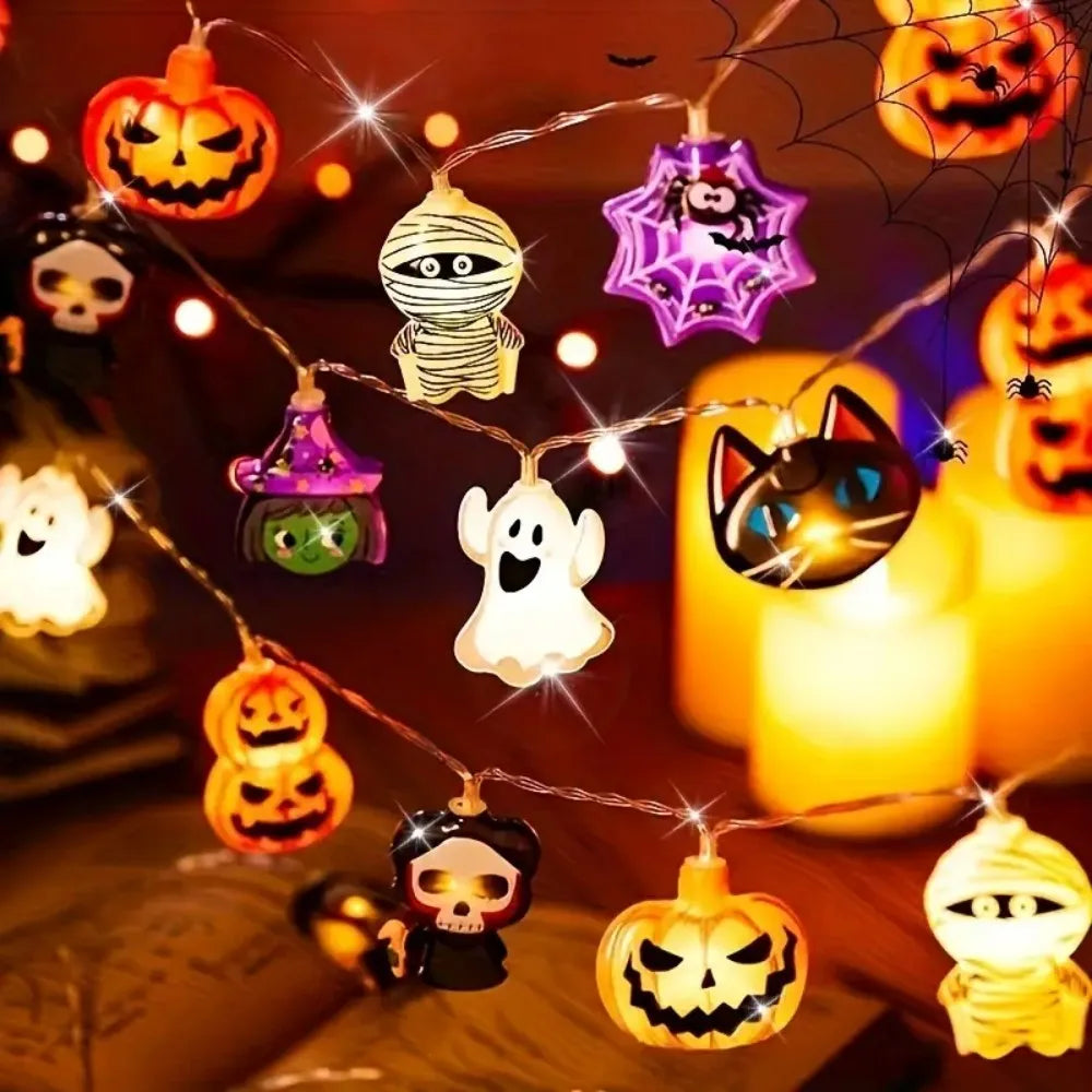 Battery-operated Halloween string lights featuring various seasonal motifs like pumpkins and cats.