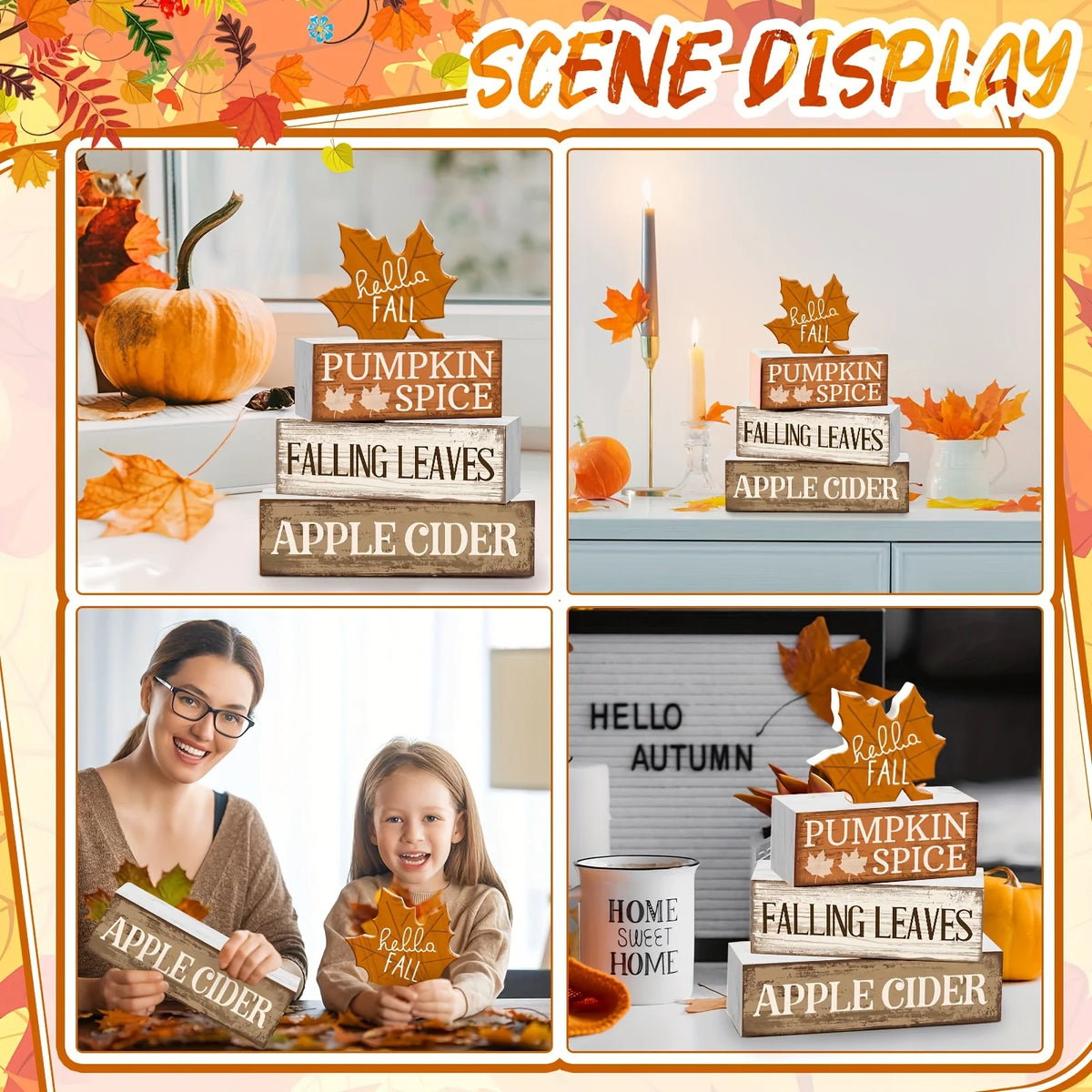 A set of rustic wooden maple leaf tiered trays displaying autumn themes like pumpkin spice, falling leaves, and apple cider.