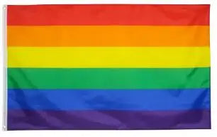 A horizontal rainbow pride flag with six colored stripes: red, orange, yellow, green, blue, and purple.