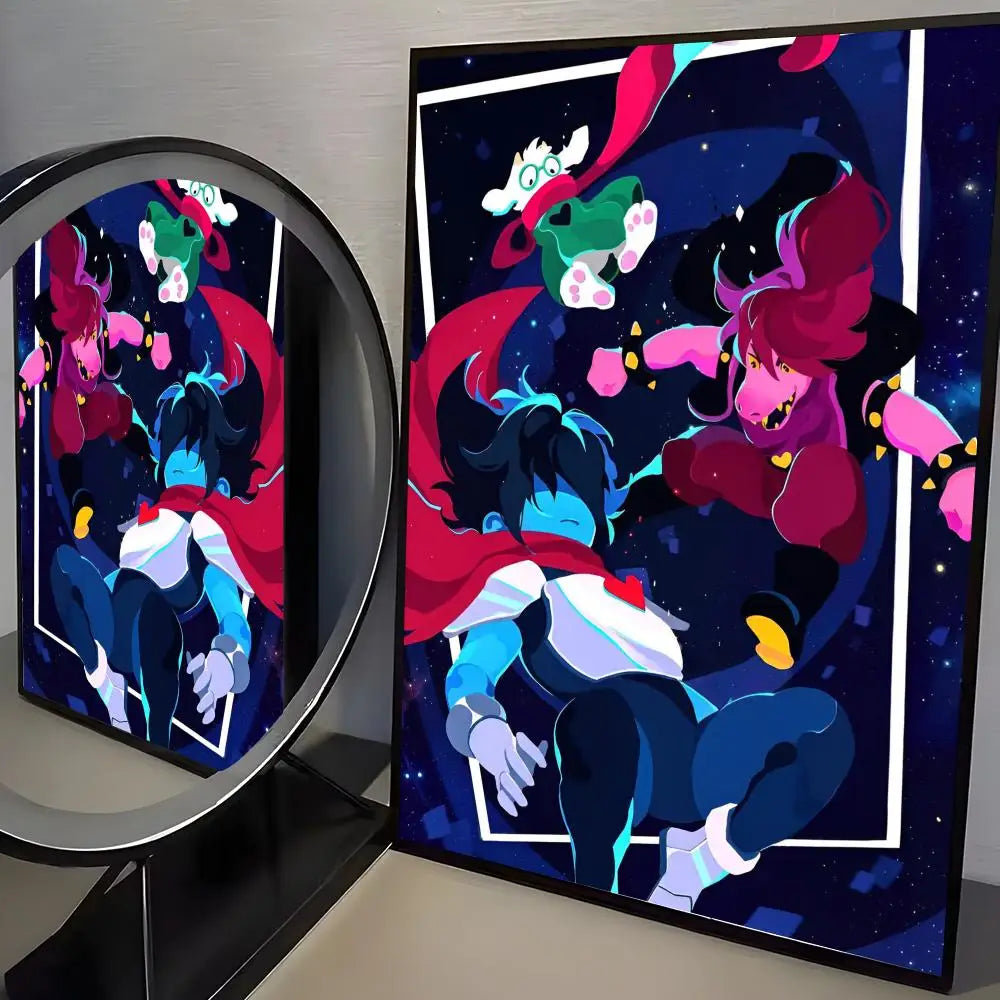 A framed poster featuring characters from Deltarune in a dark, starry background.