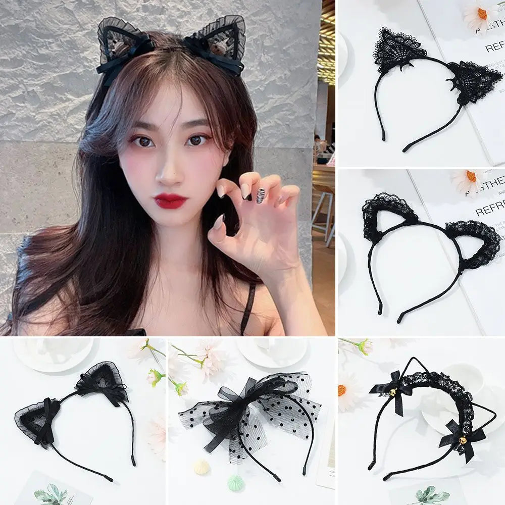 Lace Cat Ear Headband with Elegant Bow Details
