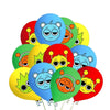 A collection of colorful balloon decorations featuring cute, blue and yellow animal faces.
