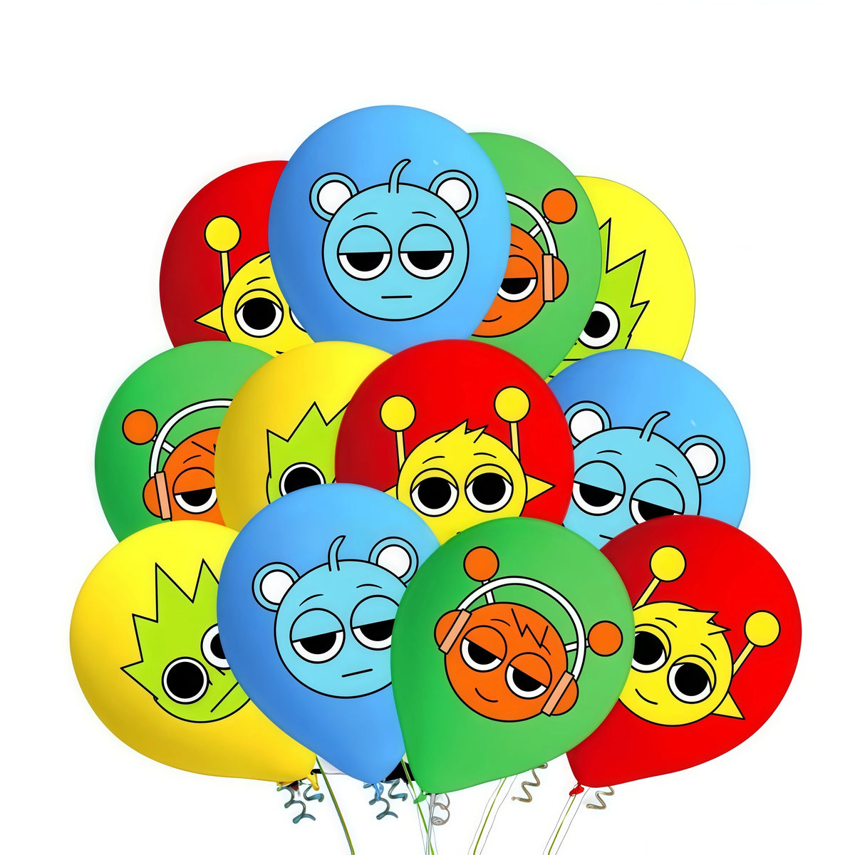 A collection of colorful balloon decorations featuring cute, blue and yellow animal faces.