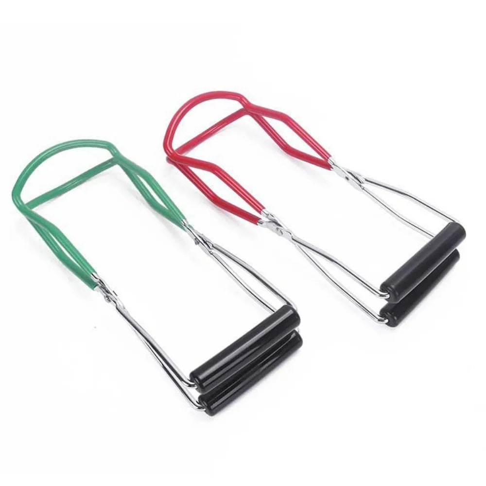 Stainless steel canning jar lifter with red and silver handles and black non-slip grips