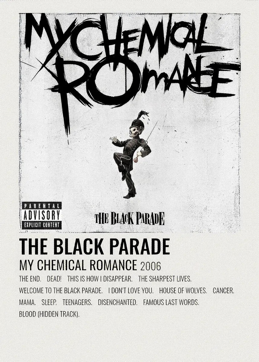 A black and white poster featuring the My Chemical Romance logo and imagery related to The Black Parade.