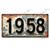 A vintage aluminum license plate tag with the year 1958, showing signs of wear and rust.