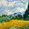 A vibrant oil painting depicting a landscape with yellow fields, green trees, and dramatic blue and white clouds.