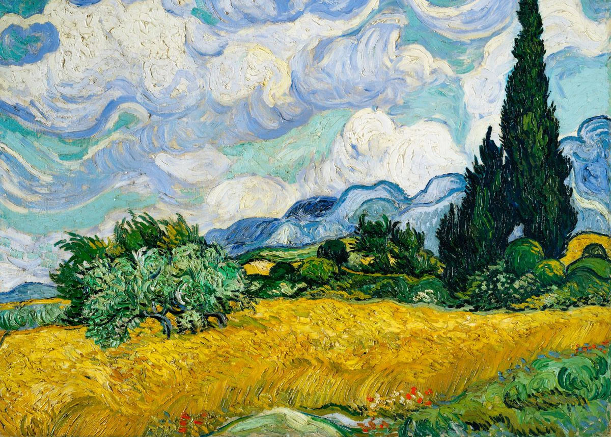 A vibrant oil painting depicting a landscape with yellow fields, green trees, and dramatic blue and white clouds.