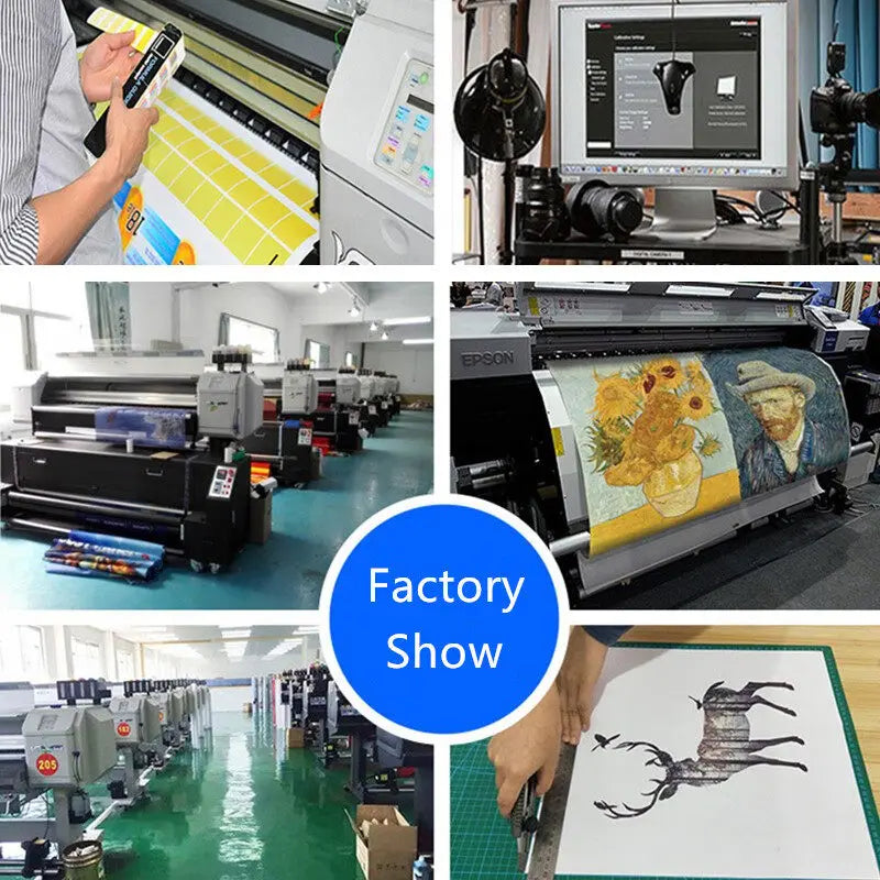 A hand draws a silhouette of a bird on a canvas print in a factory setting.