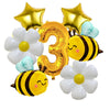 A set of six aluminum foil daisy balloons, including a number three and two bee shapes, for parties.