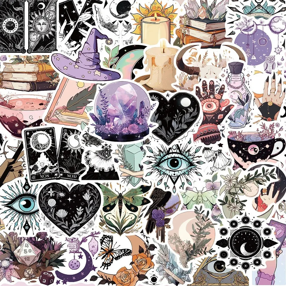 A collection of dark and mystical Halloween-themed stickers featuring skulls, witches, eyes, and floral elements.