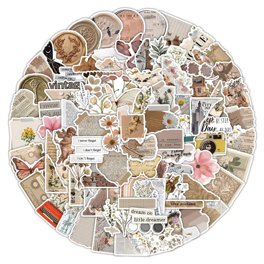 A circular collage of vintage and nature-themed graffiti stickers for decor featuring floral elements, animals, and text