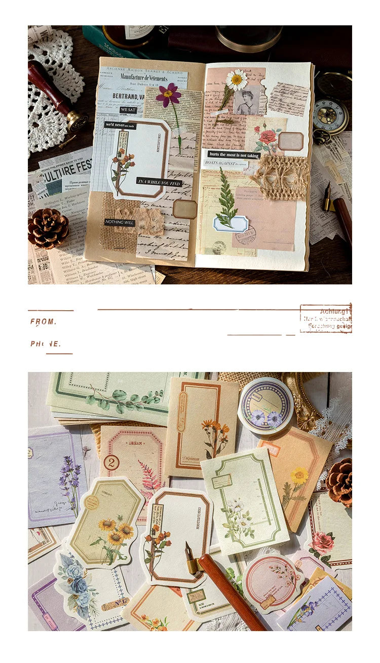 Collection de cartes et feuilles de papier journal vintage avec des motifs floraux et botaniques.