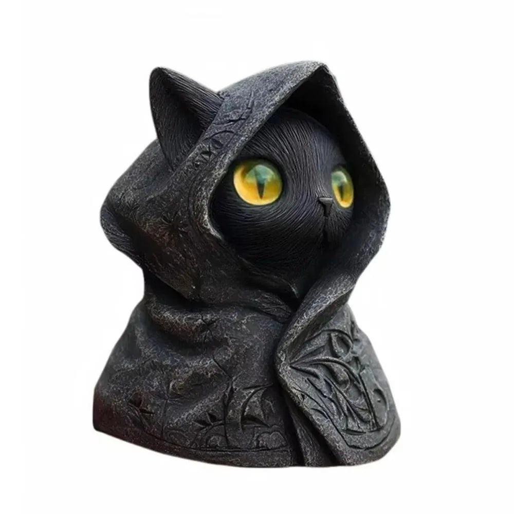 A dark, sculpted statue of a cat wearing a hood, featuring glowing yellow eyes.