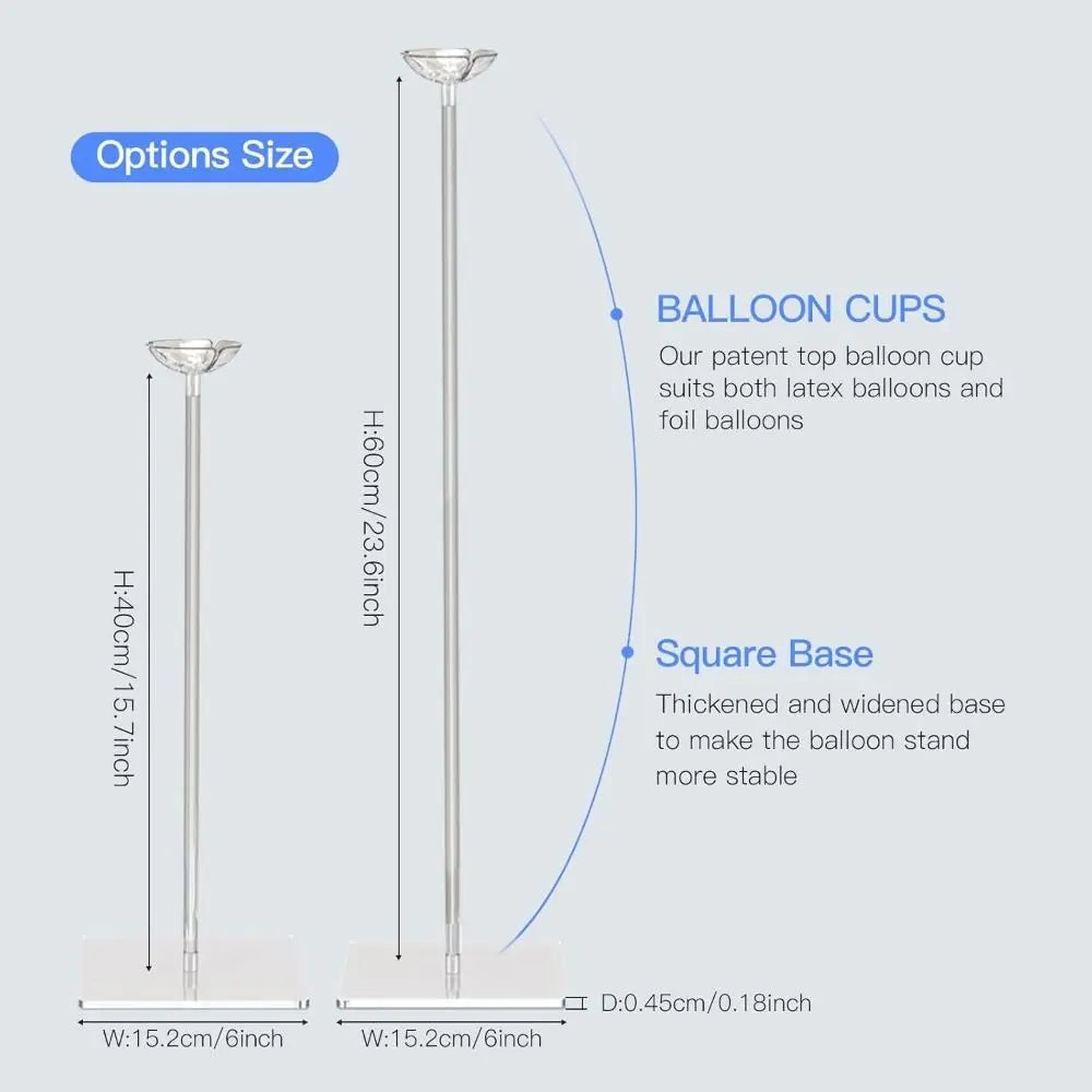 A silver acrylic balloon stand featuring a tall pole, square base, and balloon cups for parties and events.