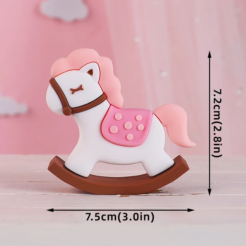 White horse baby block cake topper with pink mane and brown bridle