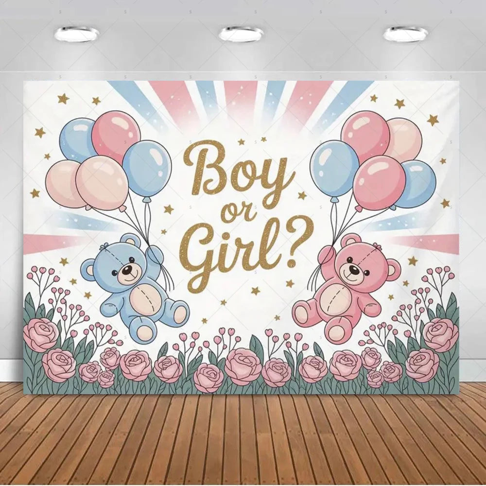 A gender reveal backdrop featuring pink and blue balloons, stars, and teddy bears against a light background.