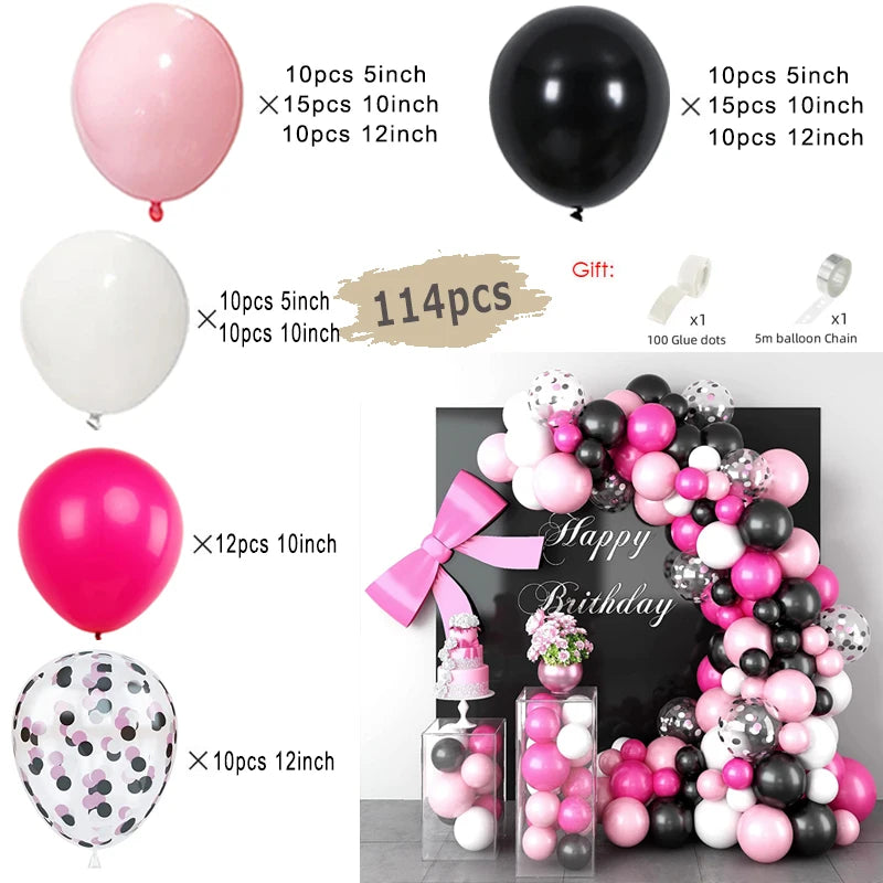 Balloon garland arch kit featuring black and pink balloons with starburst foil accents for decoration