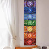 Vertical tapestry featuring five chakra symbols in vibrant colors for spiritual decor