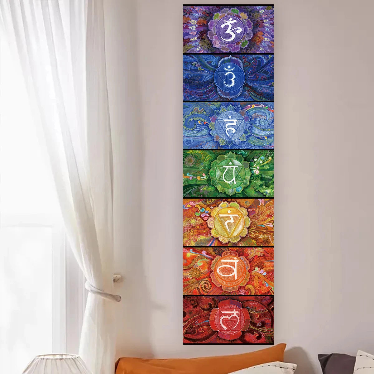 Vertical tapestry featuring five chakra symbols in vibrant colors for spiritual decor