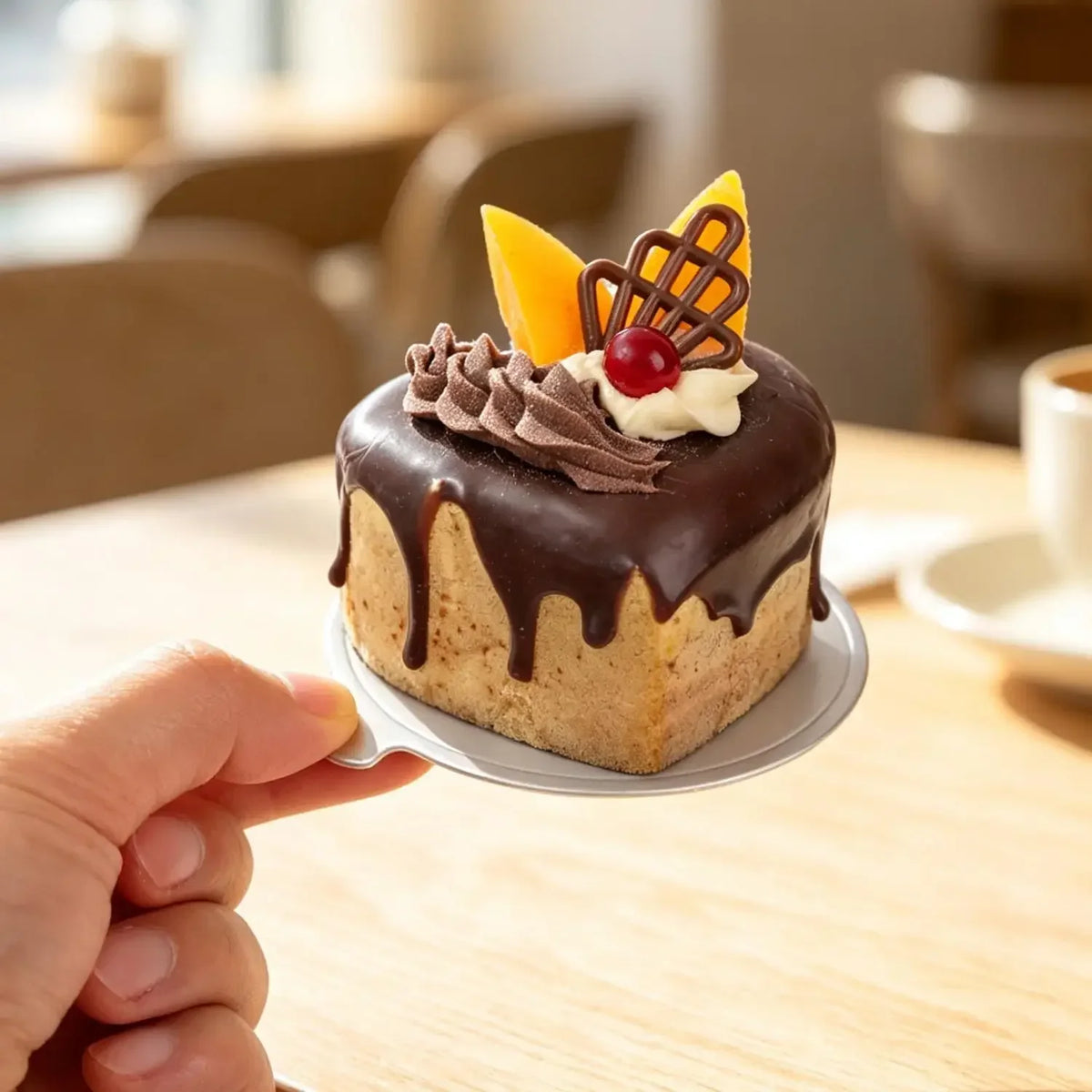 Une main tient un gâteau au chocolat rond décoré de tranches d'orange, de crème fouettée et d'un dessus en treillis sur une p