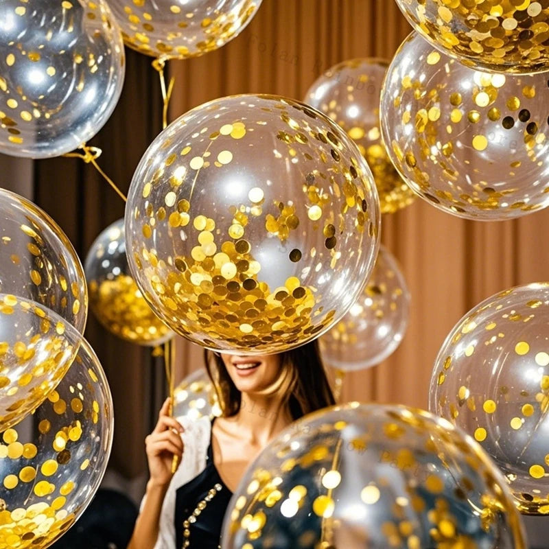 A woman smiling while surrounded by clear balloons filled with gold confetti.