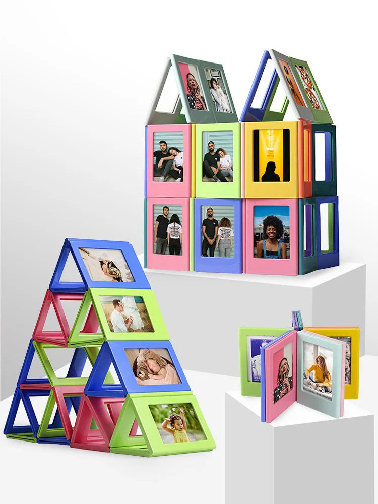 A collection of colorful magnetic photo frames displaying various portraits and scenes.