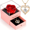 A gift set featuring a red rose and a gold heart pendant necklace displayed in a pink box.