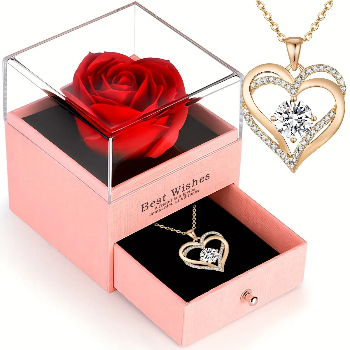 A gift set featuring a red rose and a gold heart pendant necklace displayed in a pink box.