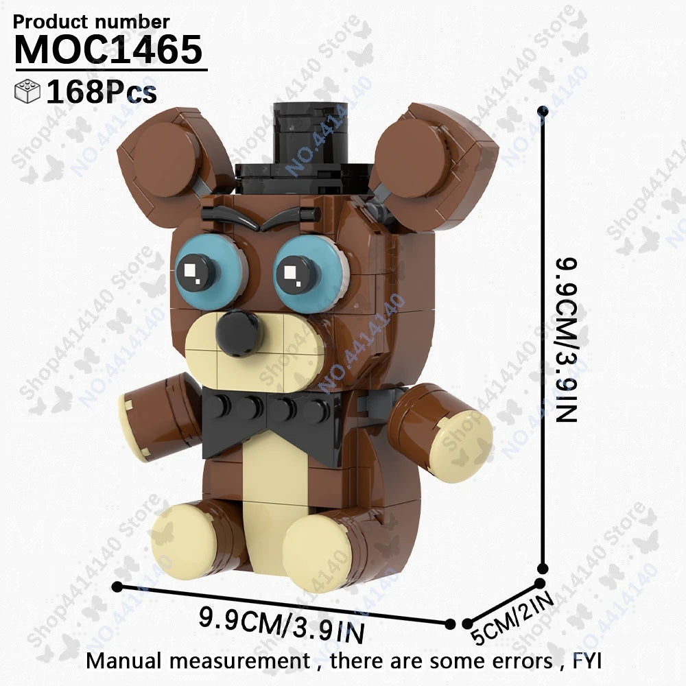 A brown and black collectible DIY model of a bear character with large blue eyes, shown against a white background.