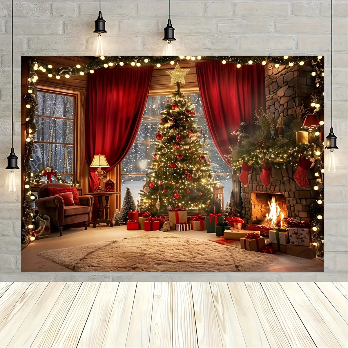 A festive Christmas tree decorated with lights stands in front of a stone fireplace and red velvet curtains.