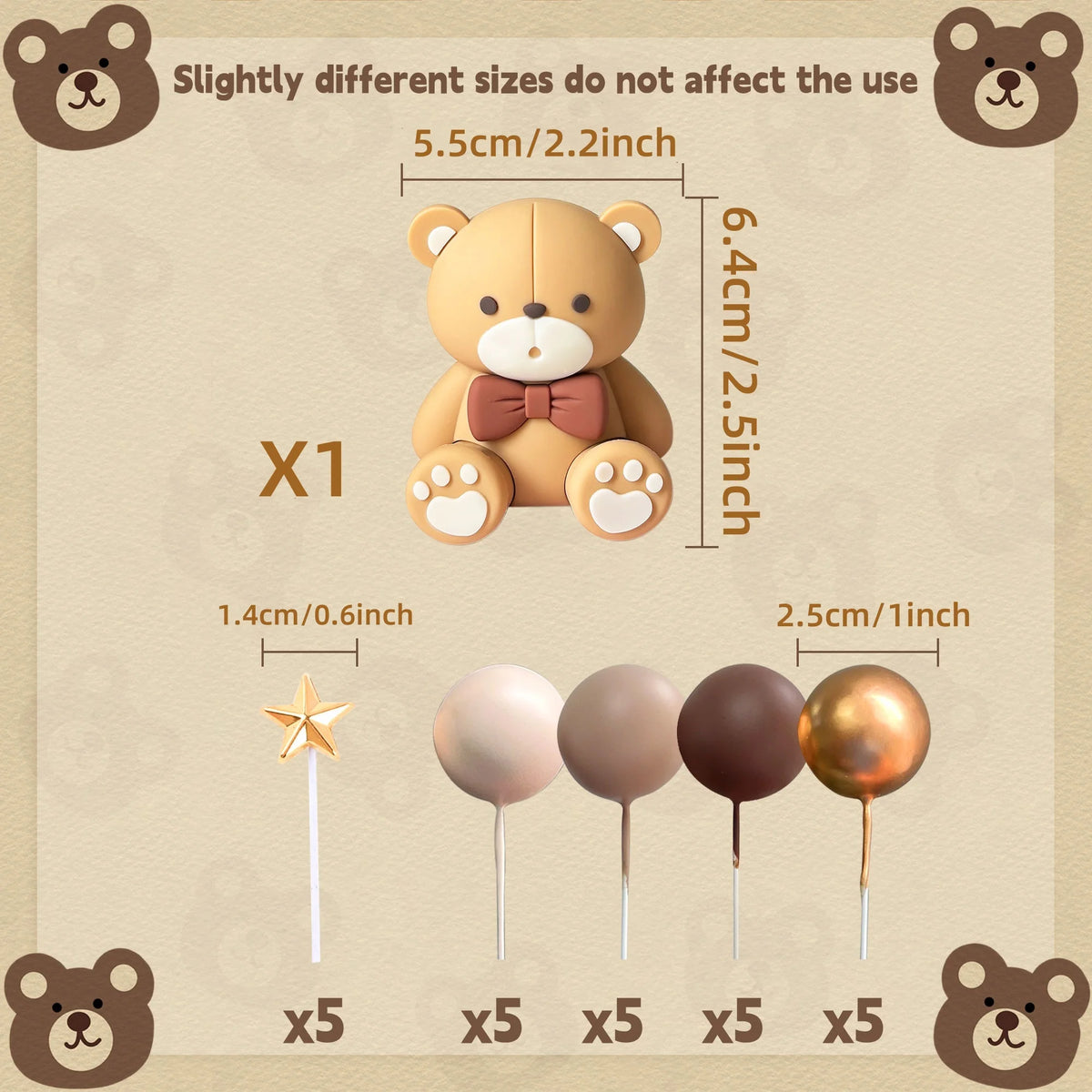 A set of five brown spherical cake toppers on sticks, with dimensions and a bear for scale.